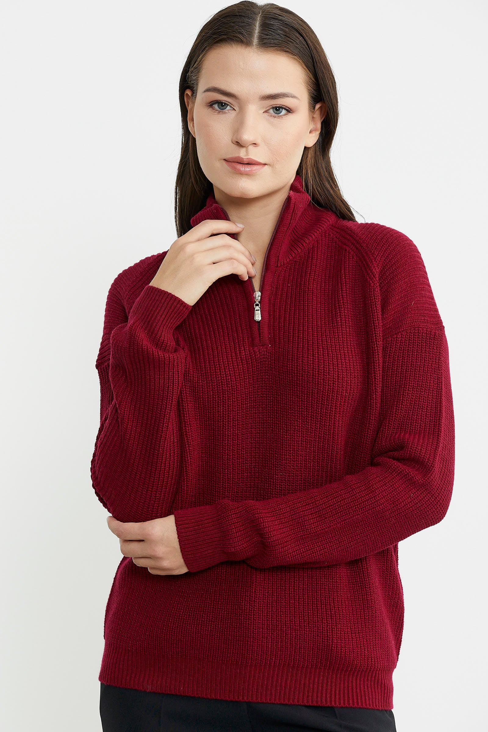 Yarım Balıkçı Yaka  Fermuarlı Yün Triko Kazak - Bordo - Sementa