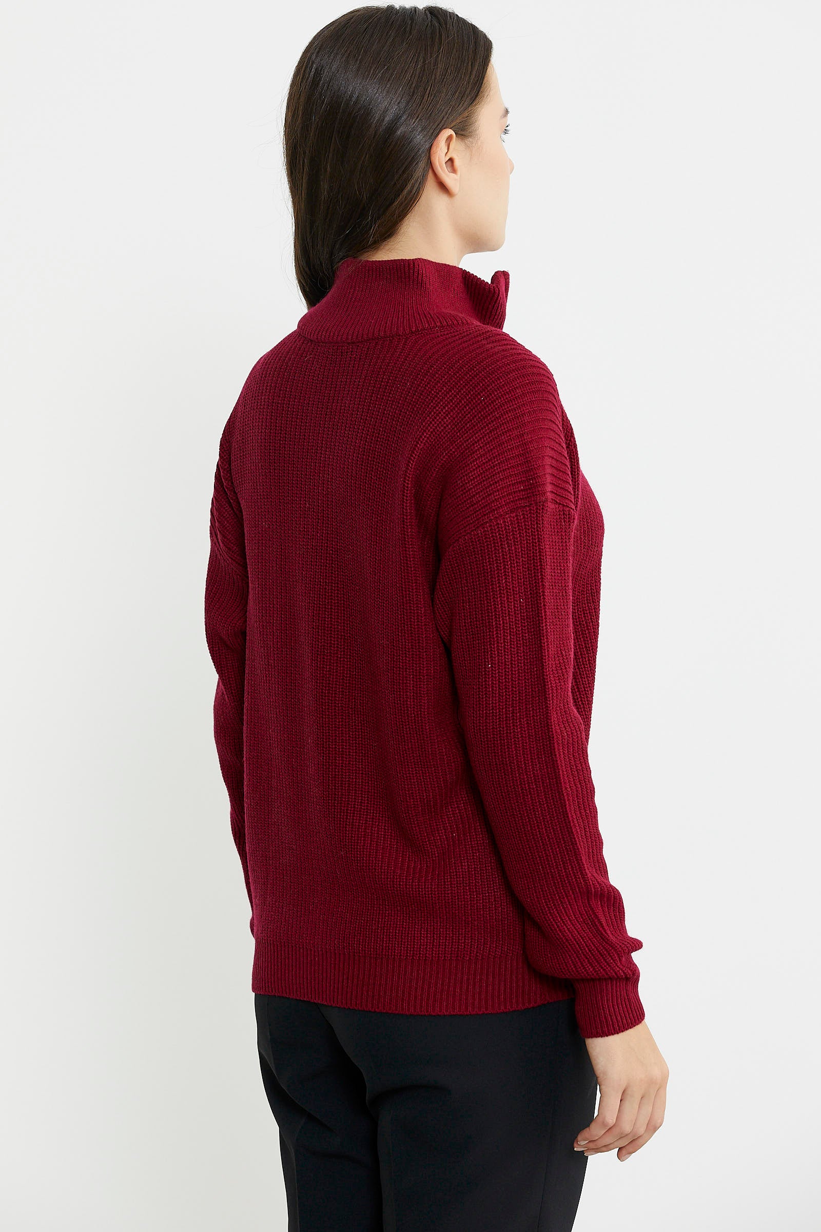 Yarım Balıkçı Yaka  Fermuarlı Yün Triko Kazak - Bordo - Sementa