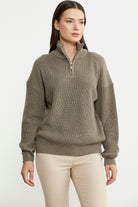 Yarım Balıkçı Yaka  Fermuarlı Yün Triko Kazak - Sütlü Kahve - Sementa