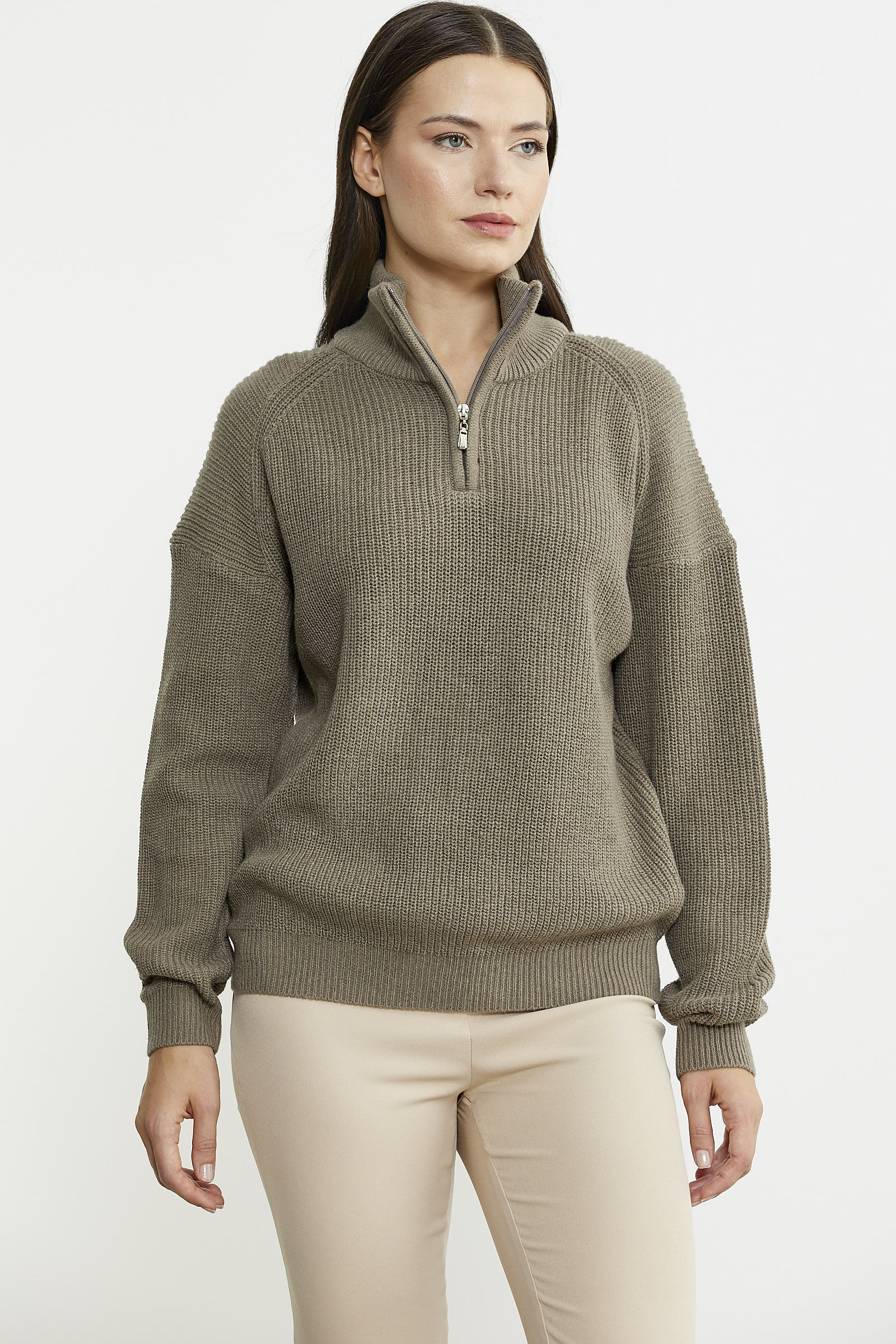 Yarım Balıkçı Yaka  Fermuarlı Yün Triko Kazak - Sütlü Kahve - Sementa