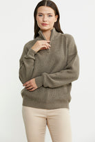 Yarım Balıkçı Yaka  Fermuarlı Yün Triko Kazak - Sütlü Kahve - Sementa