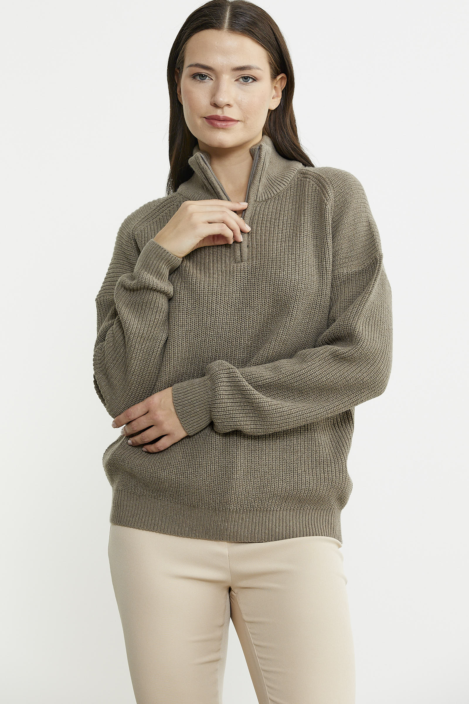 Yarım Balıkçı Yaka  Fermuarlı Yün Triko Kazak - Sütlü Kahve - Sementa