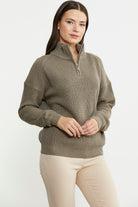 Yarım Balıkçı Yaka  Fermuarlı Yün Triko Kazak - Sütlü Kahve - Sementa