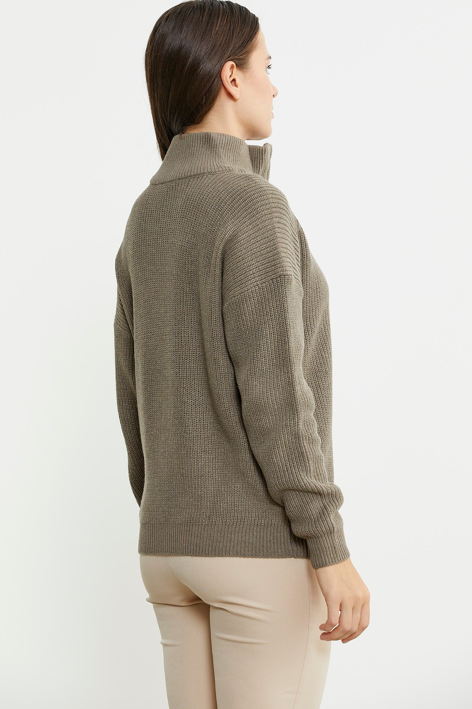 Yarım Balıkçı Yaka  Fermuarlı Yün Triko Kazak - Sütlü Kahve - Sementa