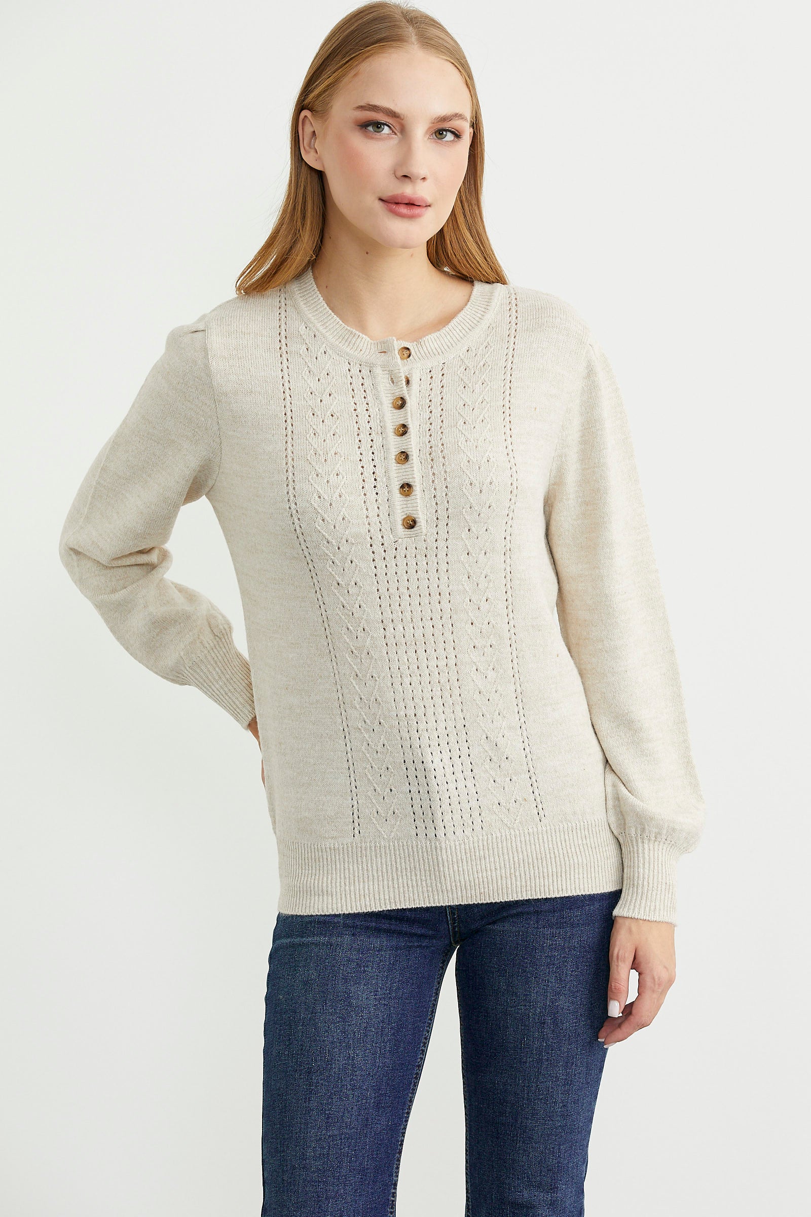 ニット/セーター Embellished-Button Ribbed Knit pullover yarim-dugmeli-yuvarlak-yaka-
