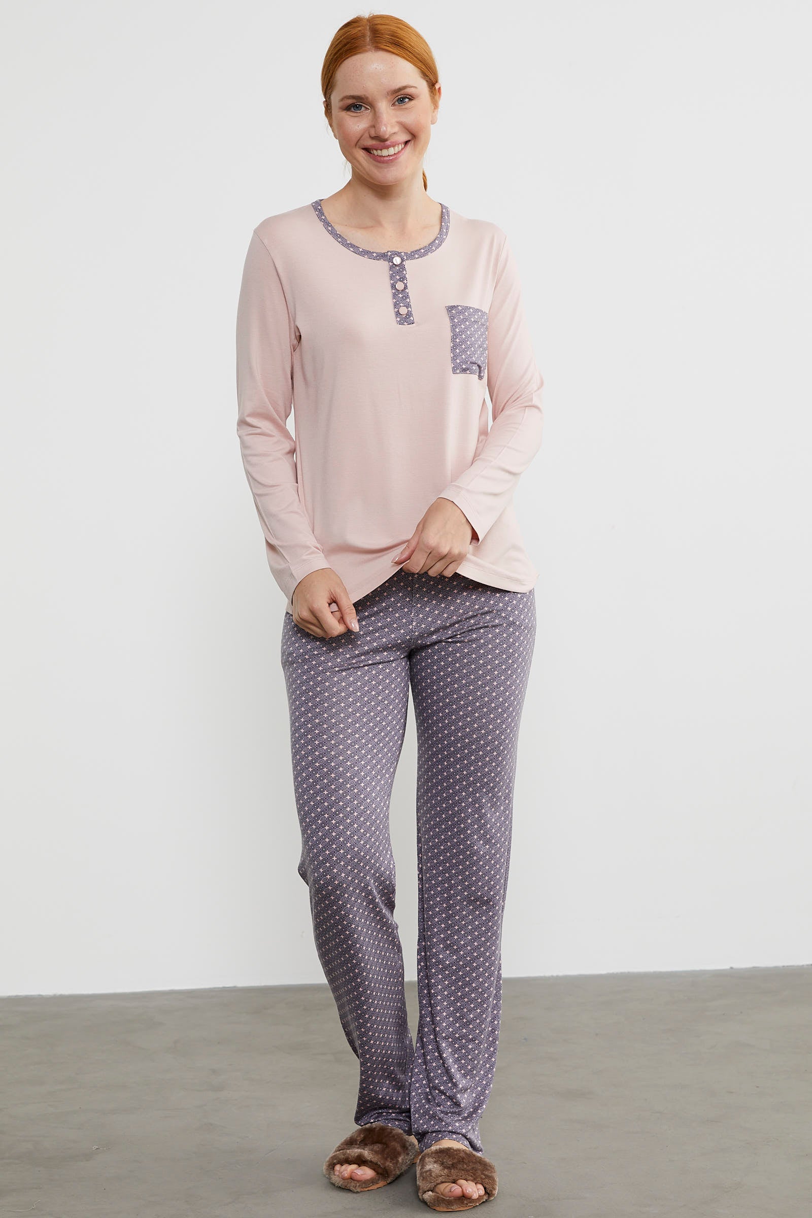 Yıldız Desen Kombinli Pijama Takım - Pudra (5) Sementa