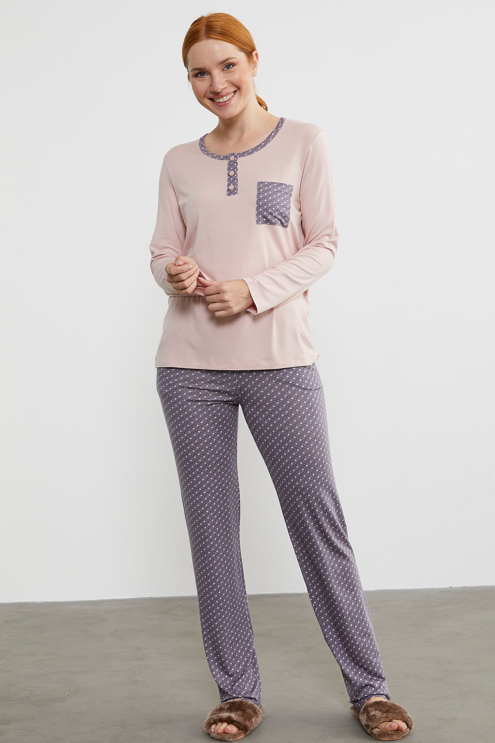 Yıldız Desen Kombinli Pijama Takım - Pudra (3) Sementa
