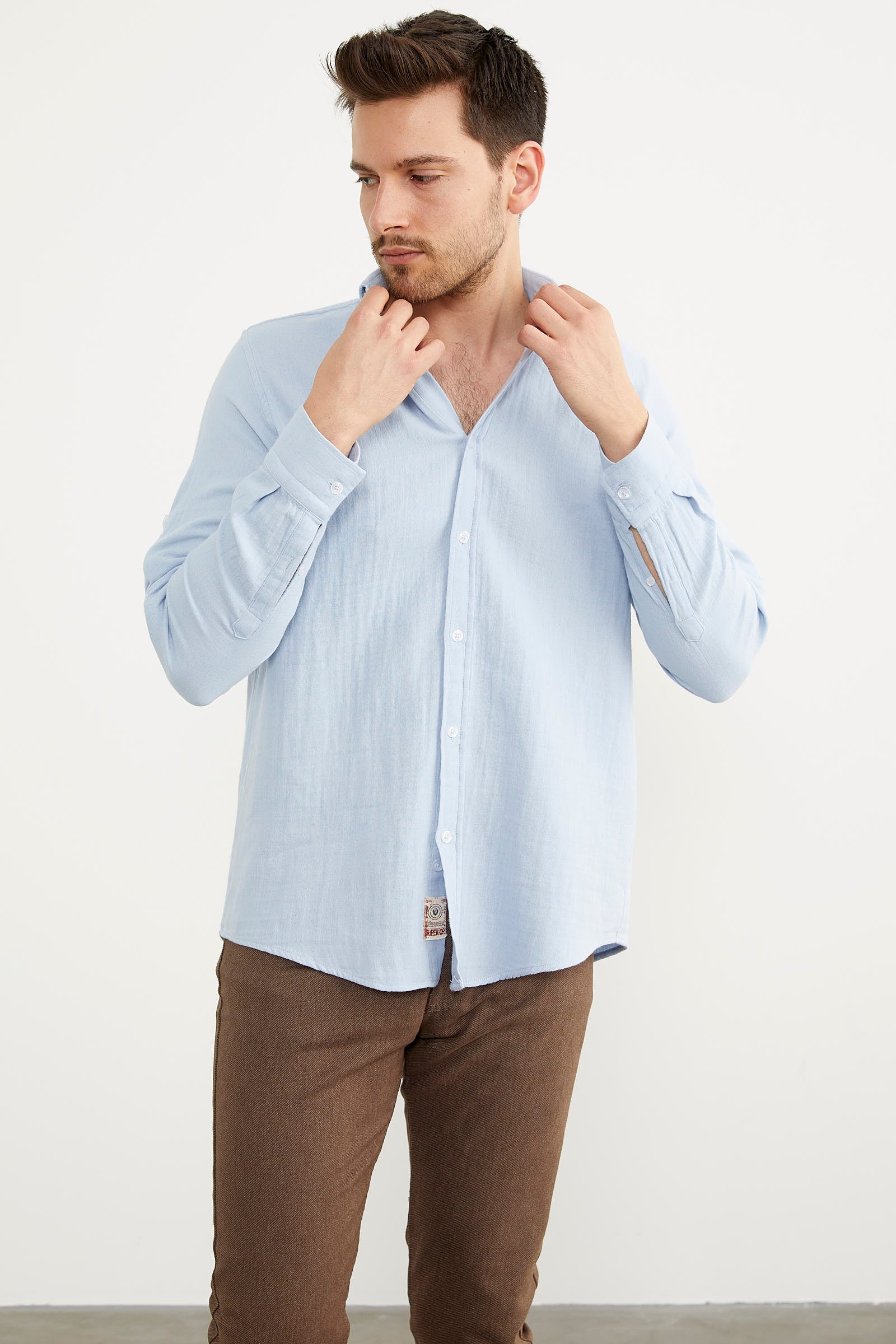 Yumuşak Dokulu Uzun Kol Gömlek - Buz Mavi (4) Sementa