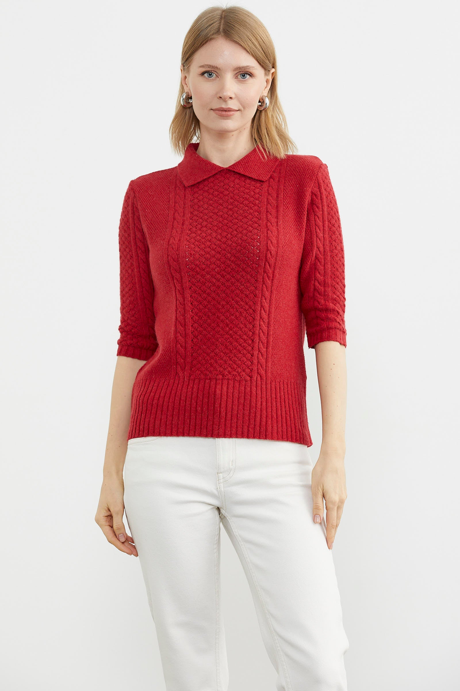 Yünlü Kısa Kol Yakalı Triko Kazak - Kırmızı (1) Sementa