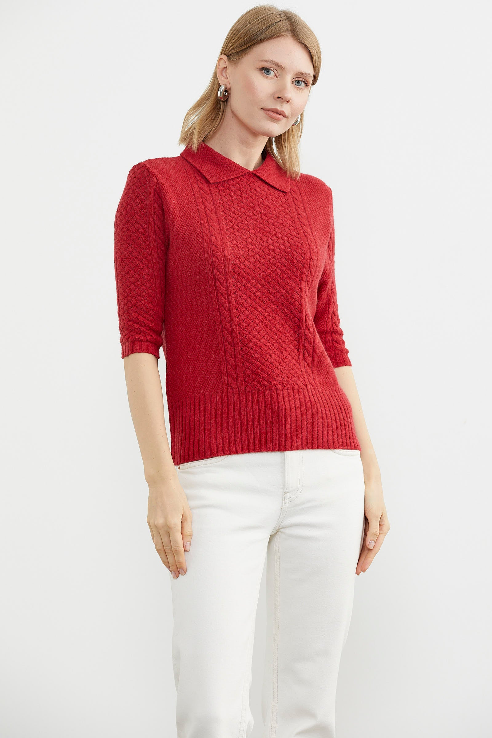 Yünlü Kısa Kol Yakalı Triko Kazak - Kırmızı (2) Sementa