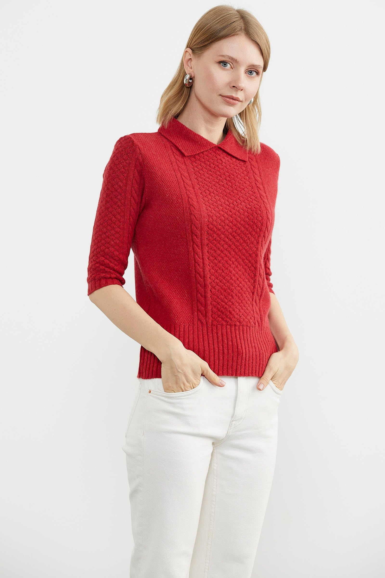 Yünlü Kısa Kol Yakalı Triko Kazak - Kırmızı (3) Sementa