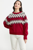 Zik Zak Desenli Kalın Triko Kazak - Kırmızı (4) Sementa