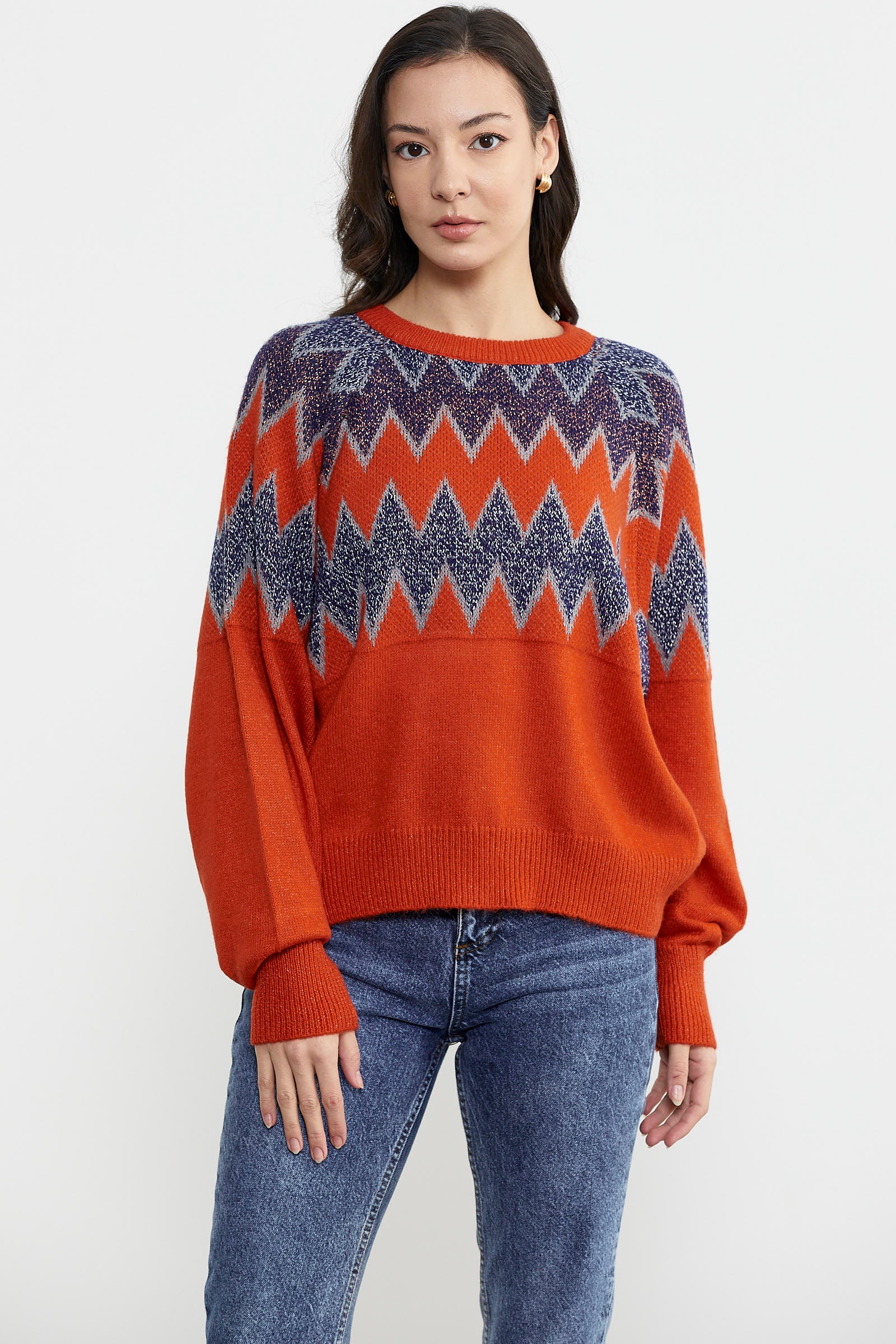 Zik Zak Desenli Kalın Triko Kazak - Koyu Oranj (1) Sementa