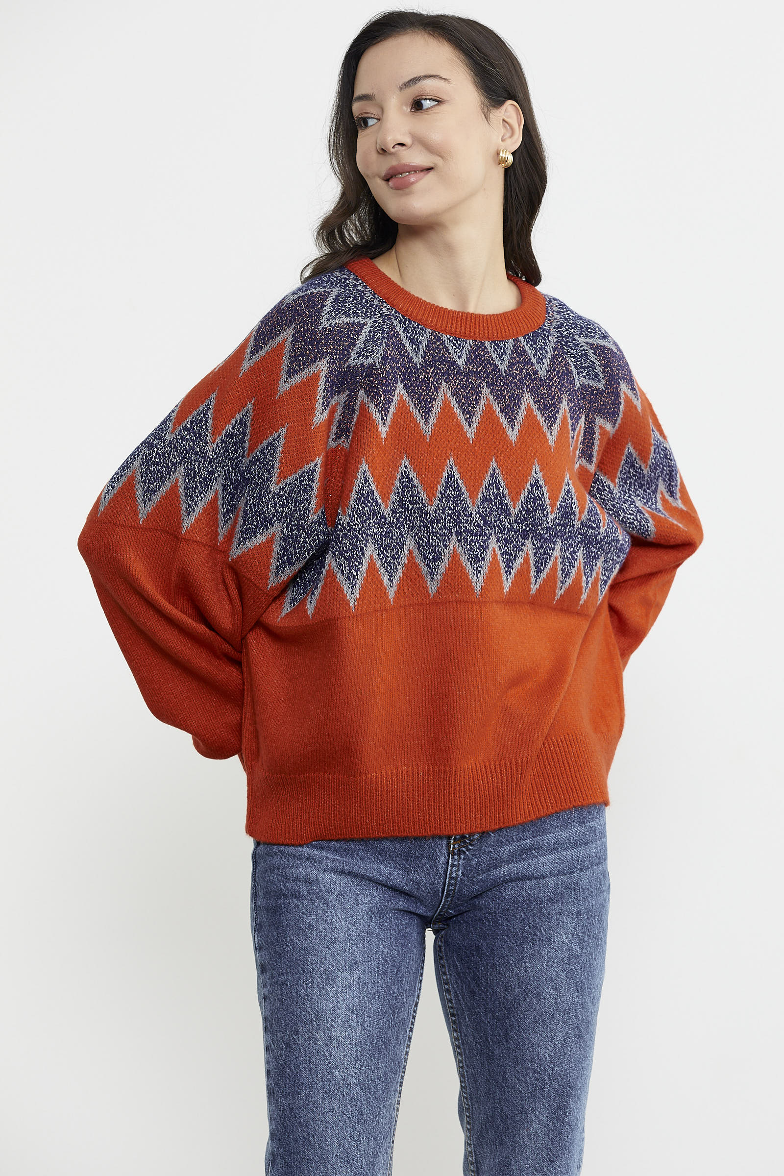 Zik Zak Desenli Kalın Triko Kazak - Koyu Oranj (3) Sementa