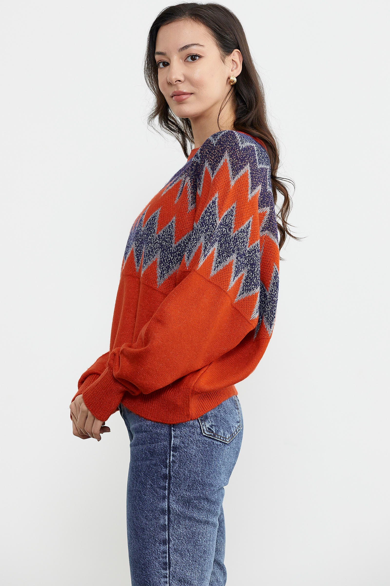 Zik Zak Desenli Kalın Triko Kazak - Koyu Oranj (4) Sementa