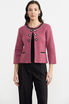 Zincir Detaylı Kalın Yünlü Triko Ceket - Gül - Siyah (1) Sementa