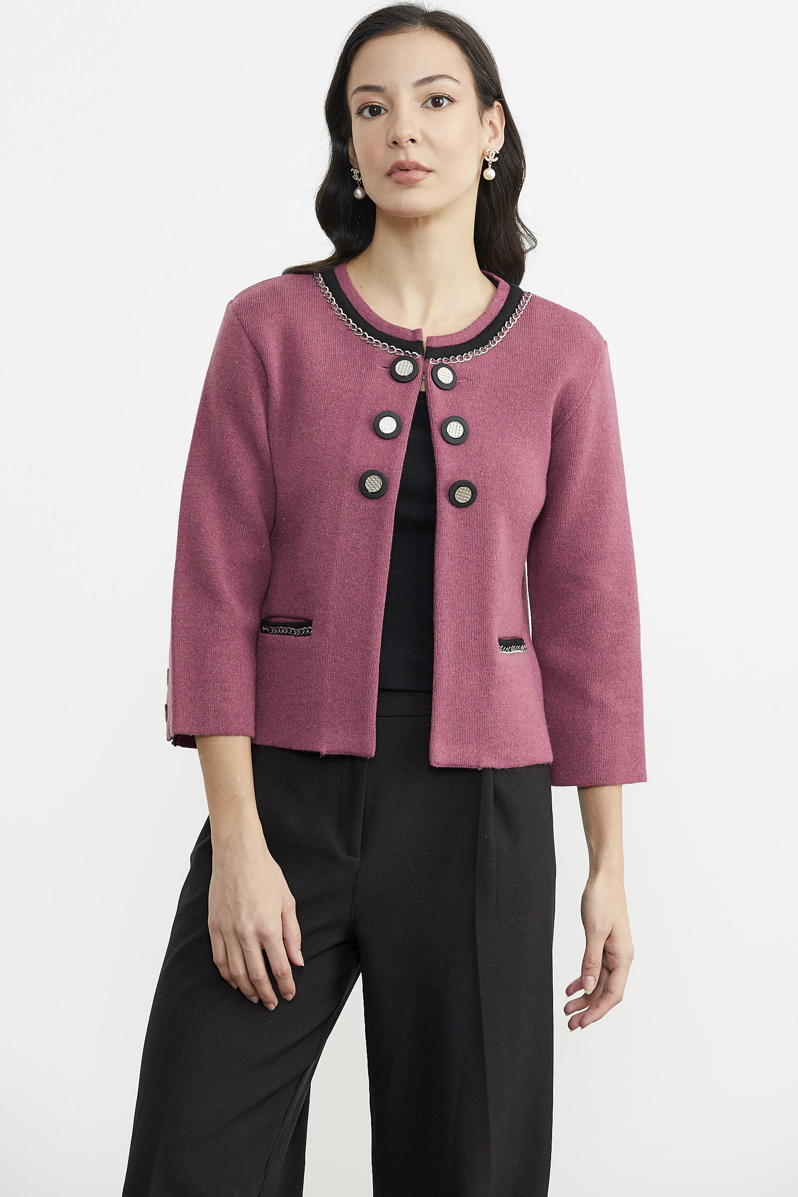 Zincir Detaylı Kalın Yünlü Triko Ceket - Gül - Siyah (2) Sementa