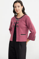 Zincir Detaylı Kalın Yünlü Triko Ceket - Gül - Siyah (4) Sementa