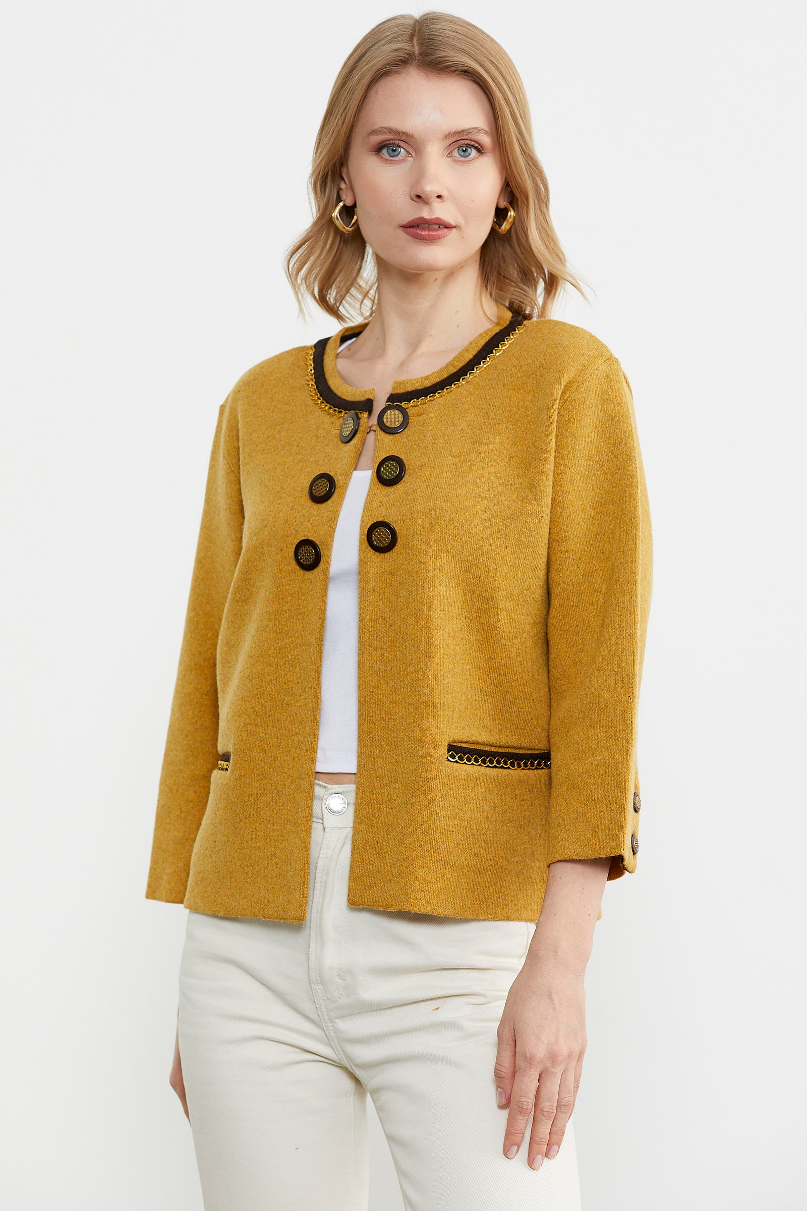 Zincir Detaylı Kalın Yünlü Triko Ceket - Güneş - Kahverengi (2) Sementa