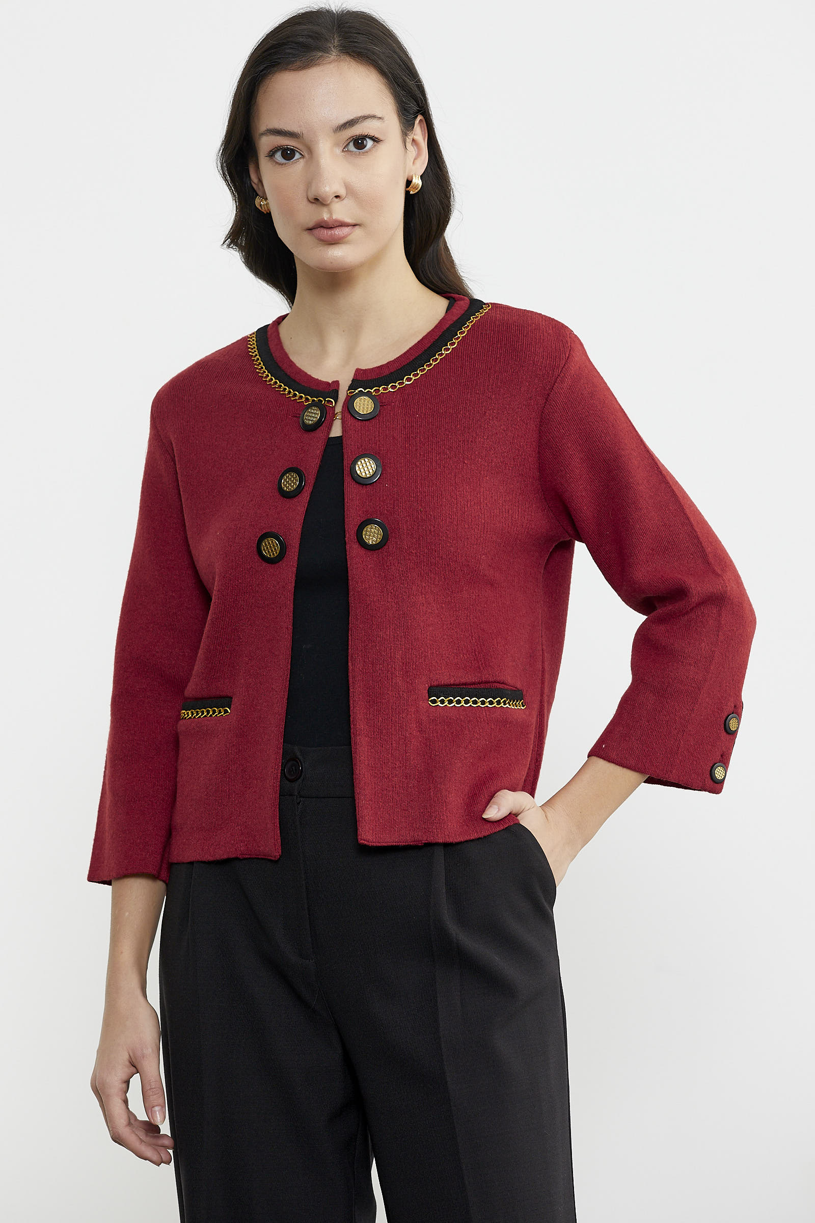 Zincir Detaylı Kalın Yünlü Triko Ceket - Kırmızı - Siyah (1) Sementa