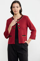 Zincir Detaylı Kalın Yünlü Triko Ceket - Kırmızı - Siyah (2) Sementa