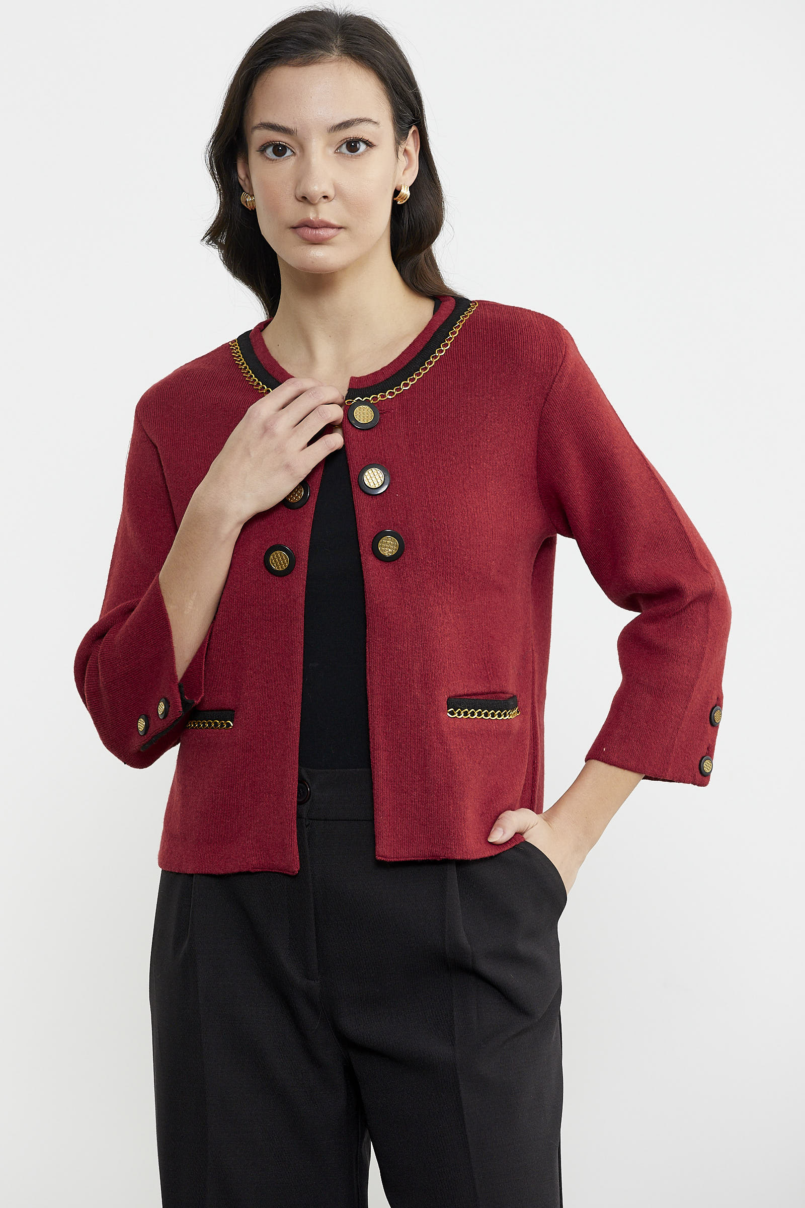 Zincir Detaylı Kalın Yünlü Triko Ceket - Kırmızı - Siyah (2) Sementa