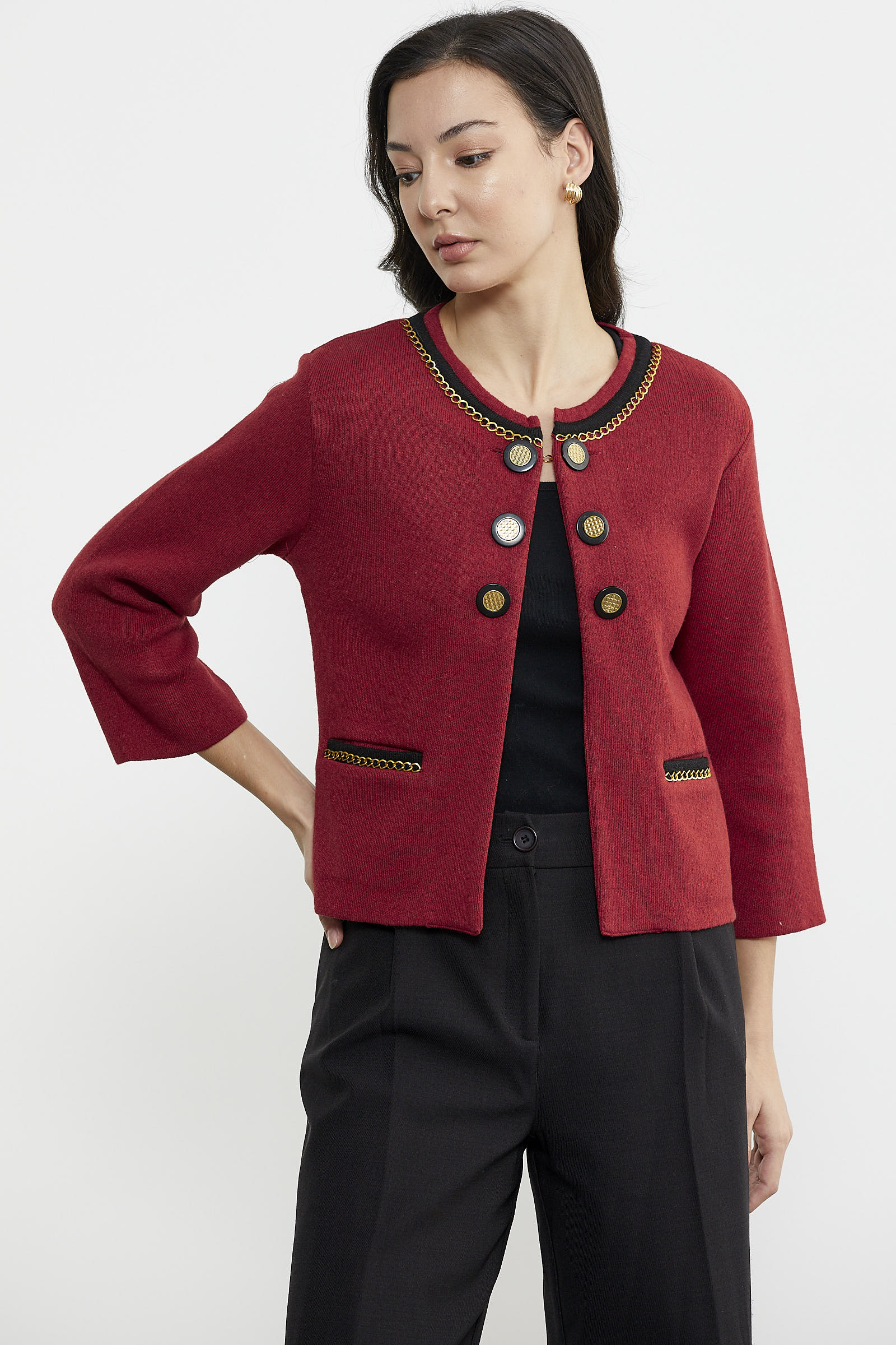 Zincir Detaylı Kalın Yünlü Triko Ceket - Kırmızı - Siyah (3) Sementa