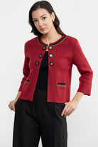 Zincir Detaylı Kalın Yünlü Triko Ceket - Kırmızı - Siyah (4) Sementa