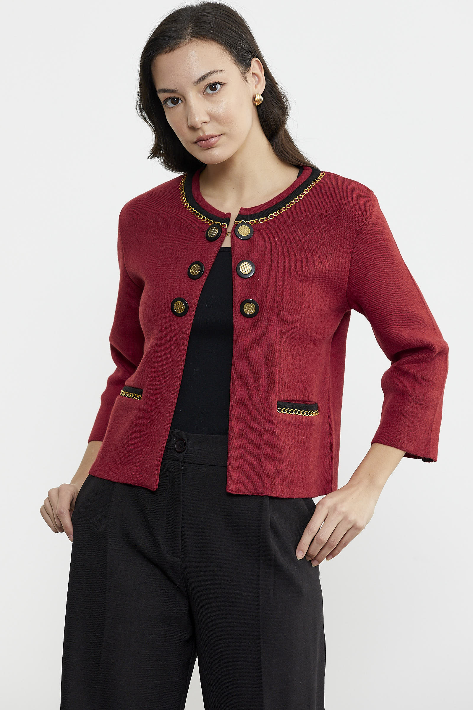 Zincir Detaylı Kalın Yünlü Triko Ceket - Kırmızı - Siyah (4) Sementa