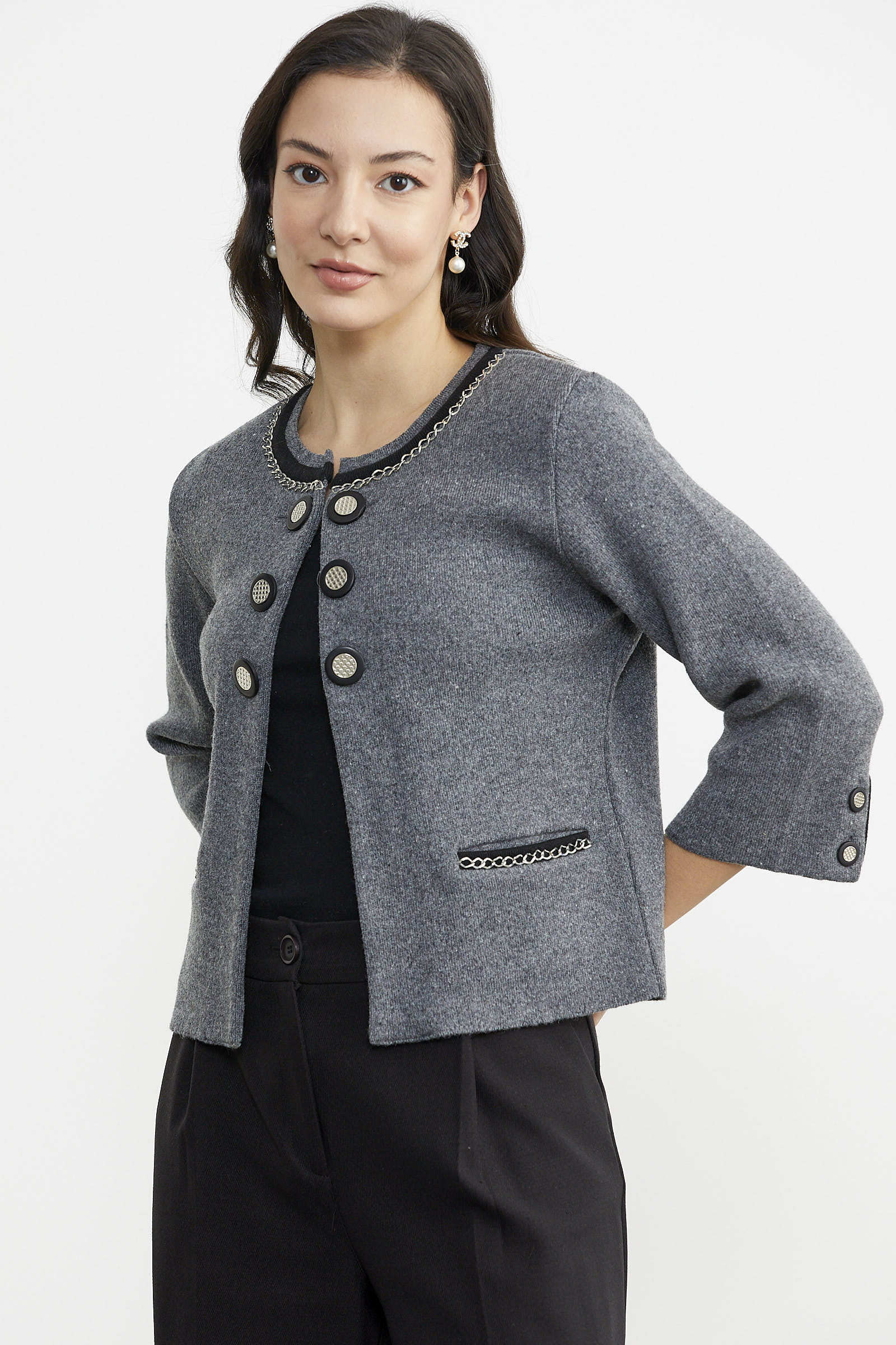 Zincir Detaylı Kalın Yünlü Triko Ceket - Koyu Gri - Siyah (3) Sementa