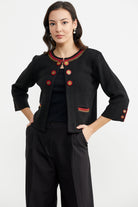 Zincir Detaylı Kalın Yünlü Triko Ceket - Siyah - Kırmızı (3) Sementa