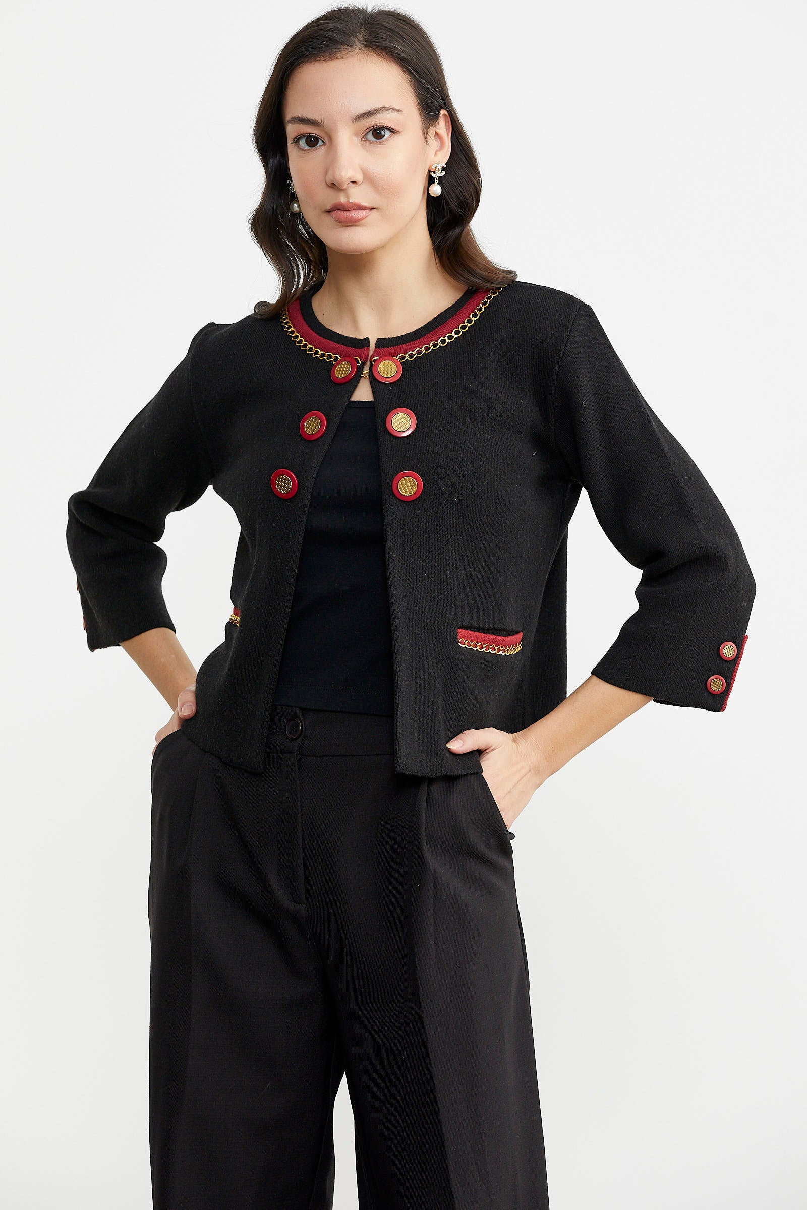 Zincir Detaylı Kalın Yünlü Triko Ceket - Siyah - Kırmızı (3) Sementa