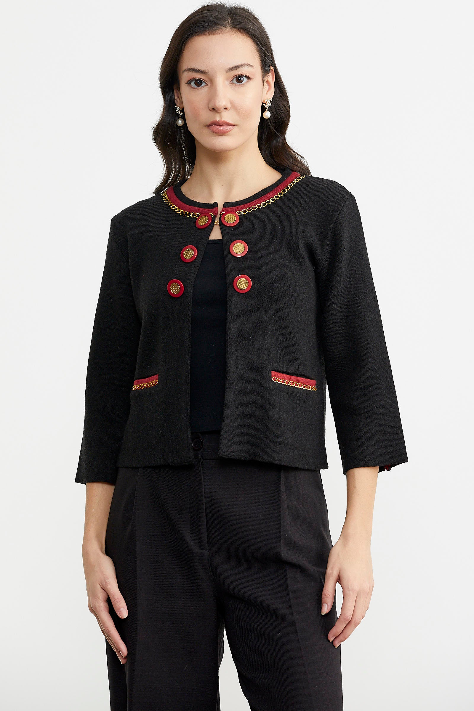 Zincir Detaylı Kalın Yünlü Triko Ceket - Siyah - Kırmızı (1) Sementa