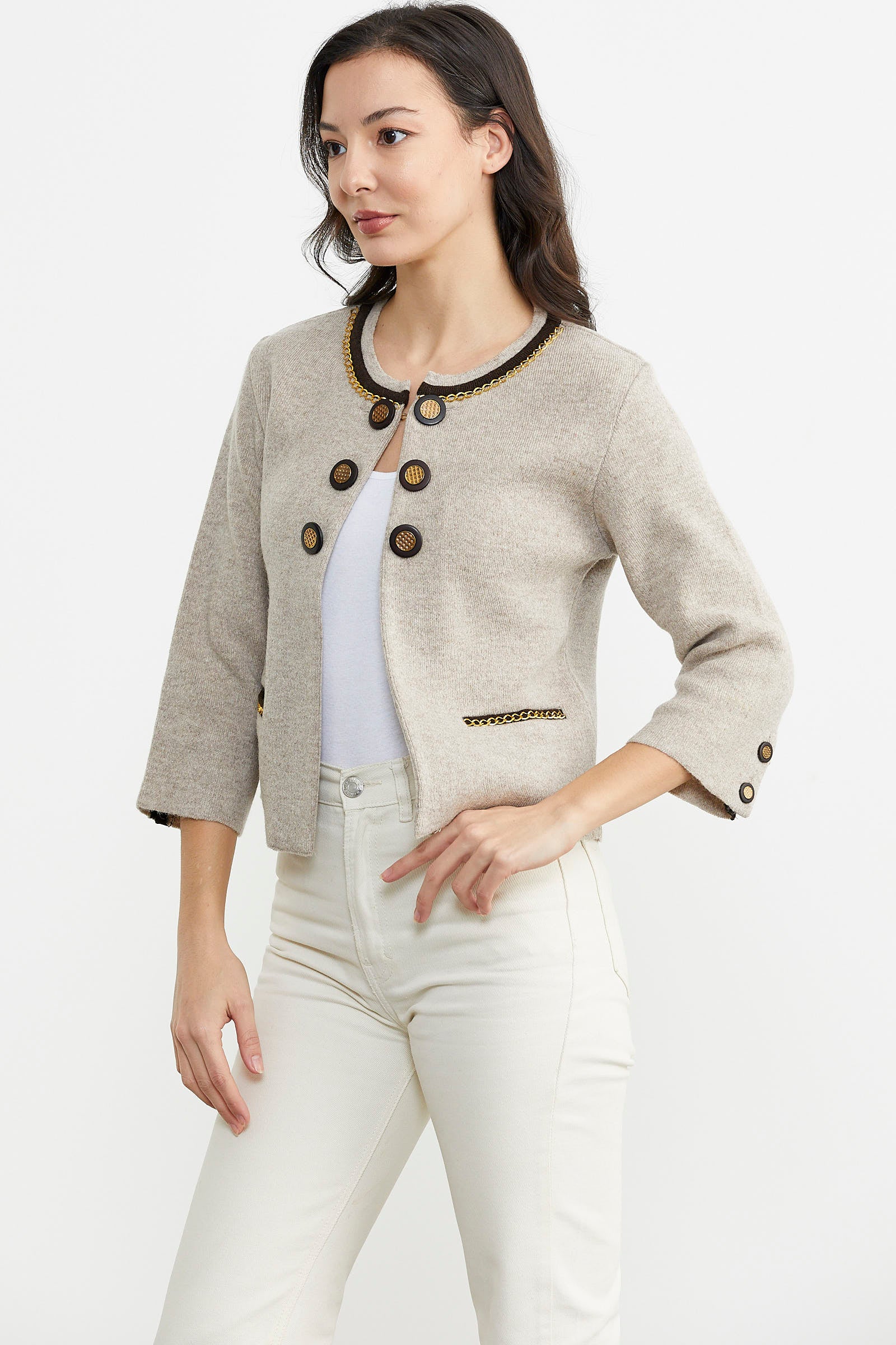 Zincir Detaylı Kalın Yünlü Triko Ceket - Vizon - Kahverengi (3) Sementa