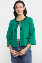 Zincir Detaylı Kalın Yünlü Triko Ceket - Yeşil - Lacivert (1) Sementa