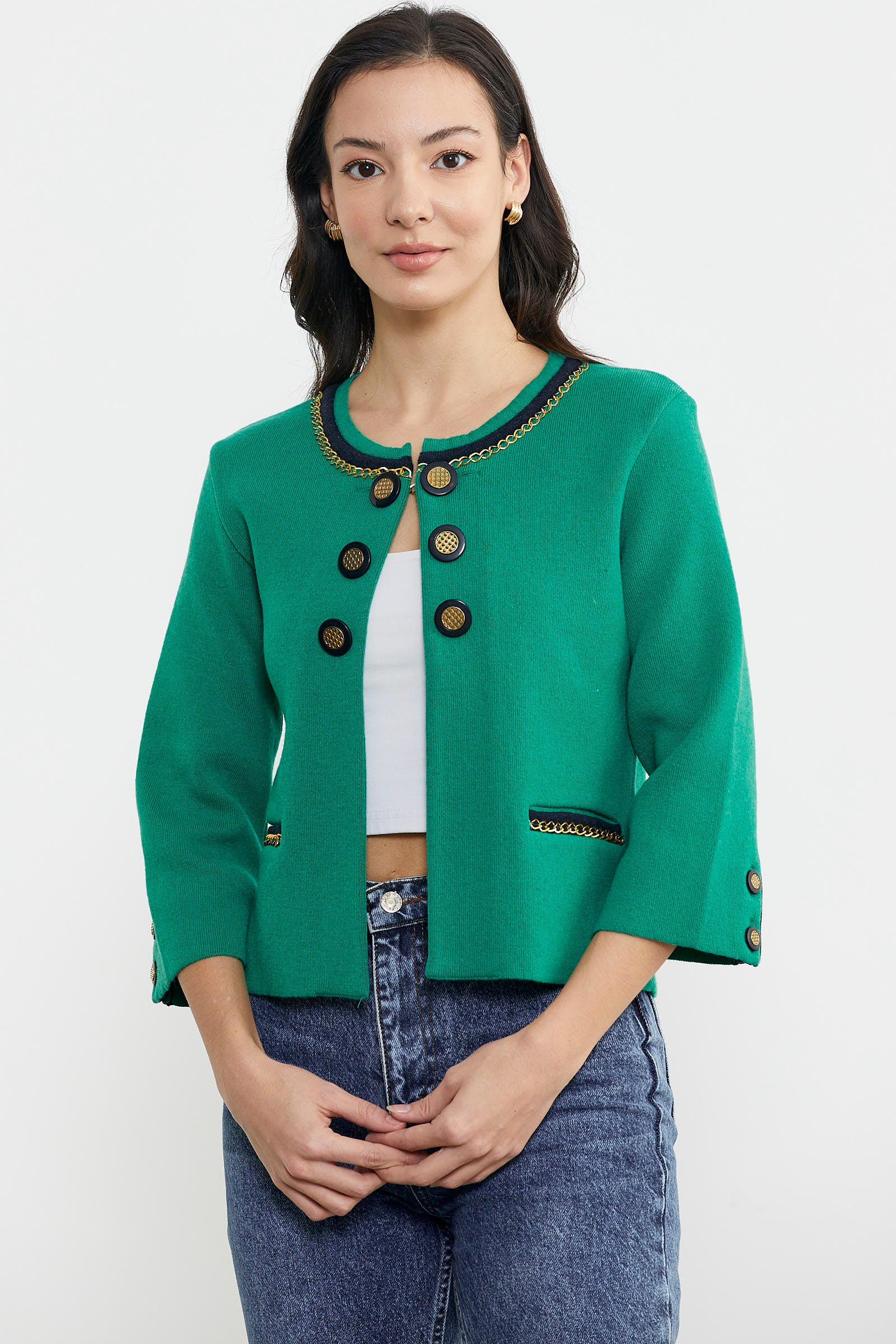 Zincir Detaylı Kalın Yünlü Triko Ceket - Yeşil - Lacivert (1) Sementa