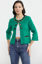Zincir Detaylı Kalın Yünlü Triko Ceket - Yeşil - Lacivert (3) Sementa