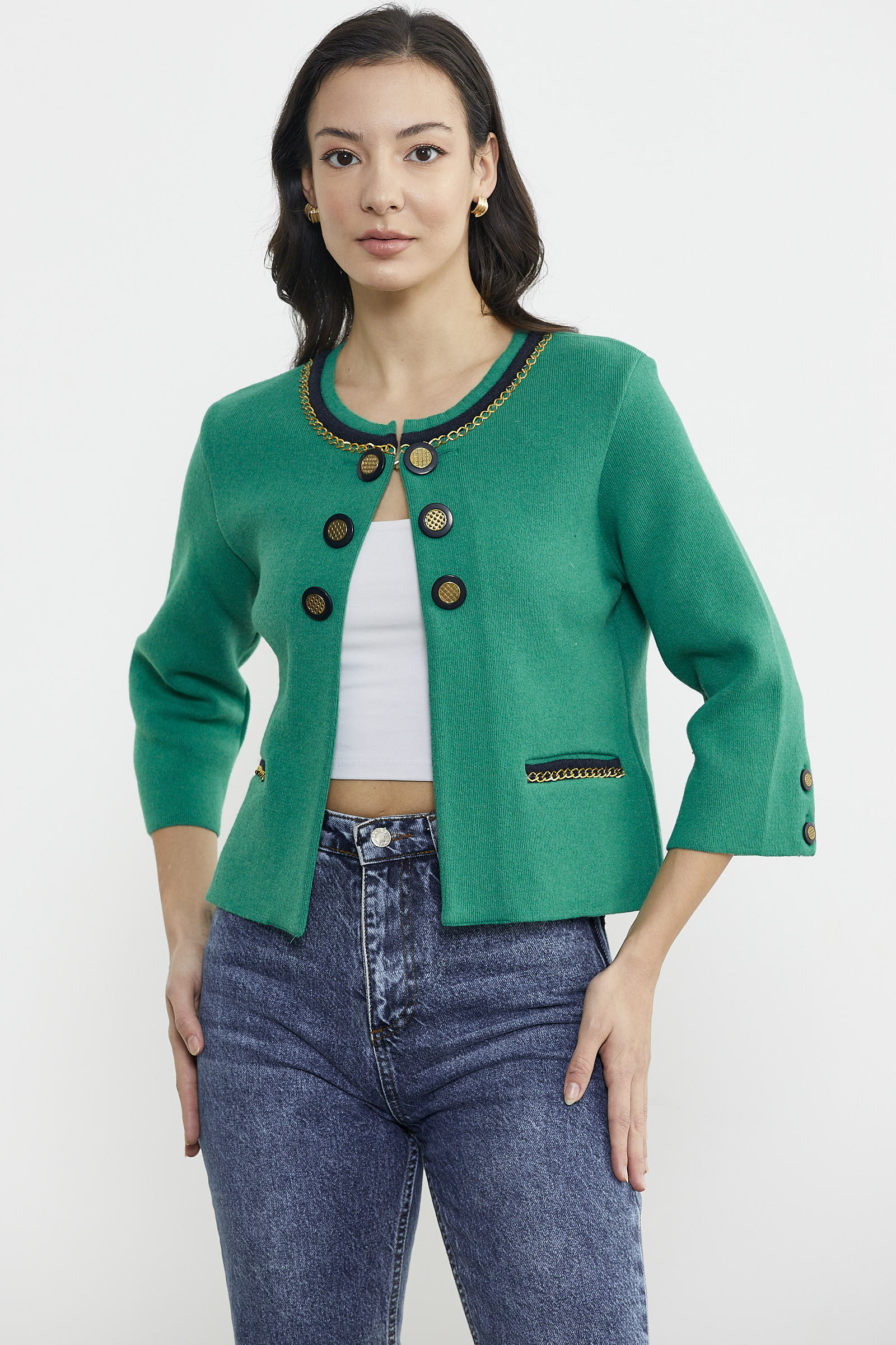 Zincir Detaylı Kalın Yünlü Triko Ceket - Yeşil - Lacivert (3) Sementa