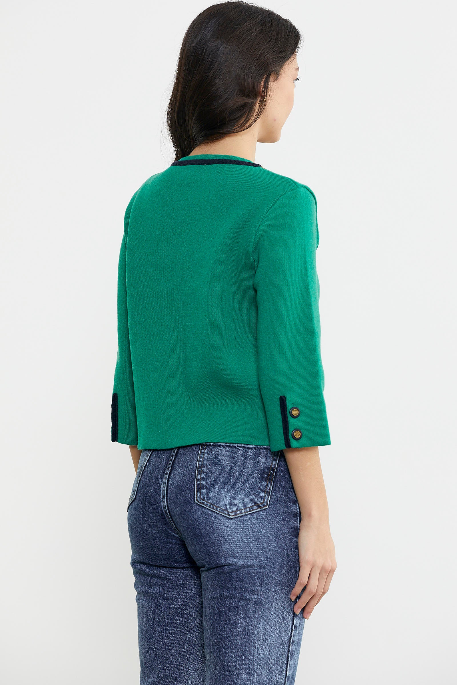 Zincir Detaylı Kalın Yünlü Triko Ceket - Yeşil - Lacivert (4) Sementa