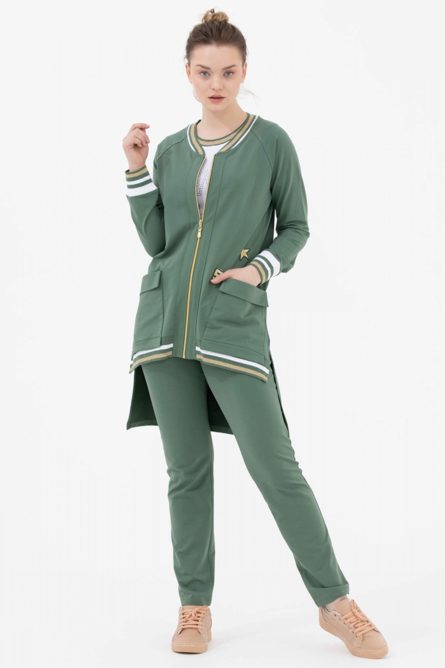 Arkası Uzun Fermuarlı Üçlü Eşofman Takım - Yeşil (2) Sementa