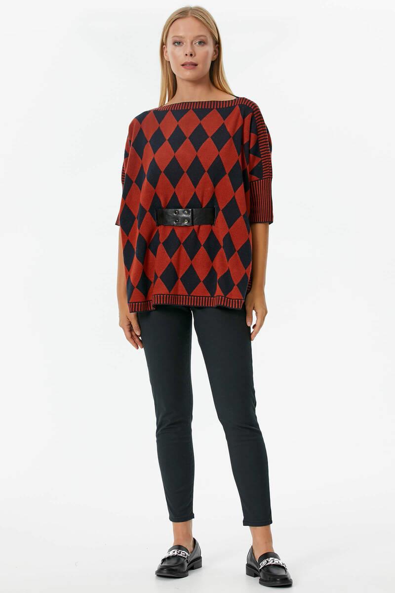 Baklava Desenli Kemer Aksesuarlı Triko Kazak - Kiremit (1) Sementa