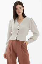 Balon Kol Düğmeli Triko Hırka - Açık Bej (1) Sementa