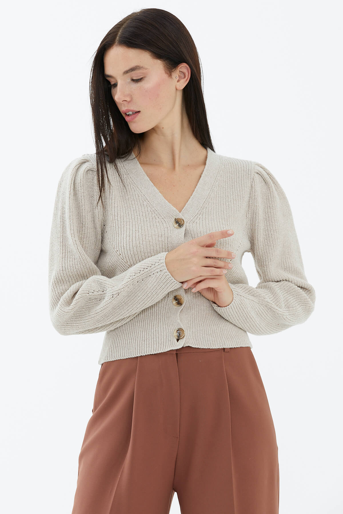 Balon Kol Düğmeli Triko Hırka - Açık Bej (2) Sementa