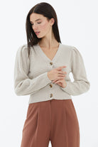 Balon Kol Düğmeli Triko Hırka - Açık Bej (2) Sementa