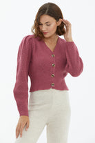 Balon Kol Düğmeli Triko Hırka - Gül (1) Sementa