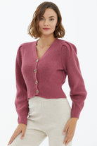 Balon Kol Düğmeli Triko Hırka - Gül (2) Sementa