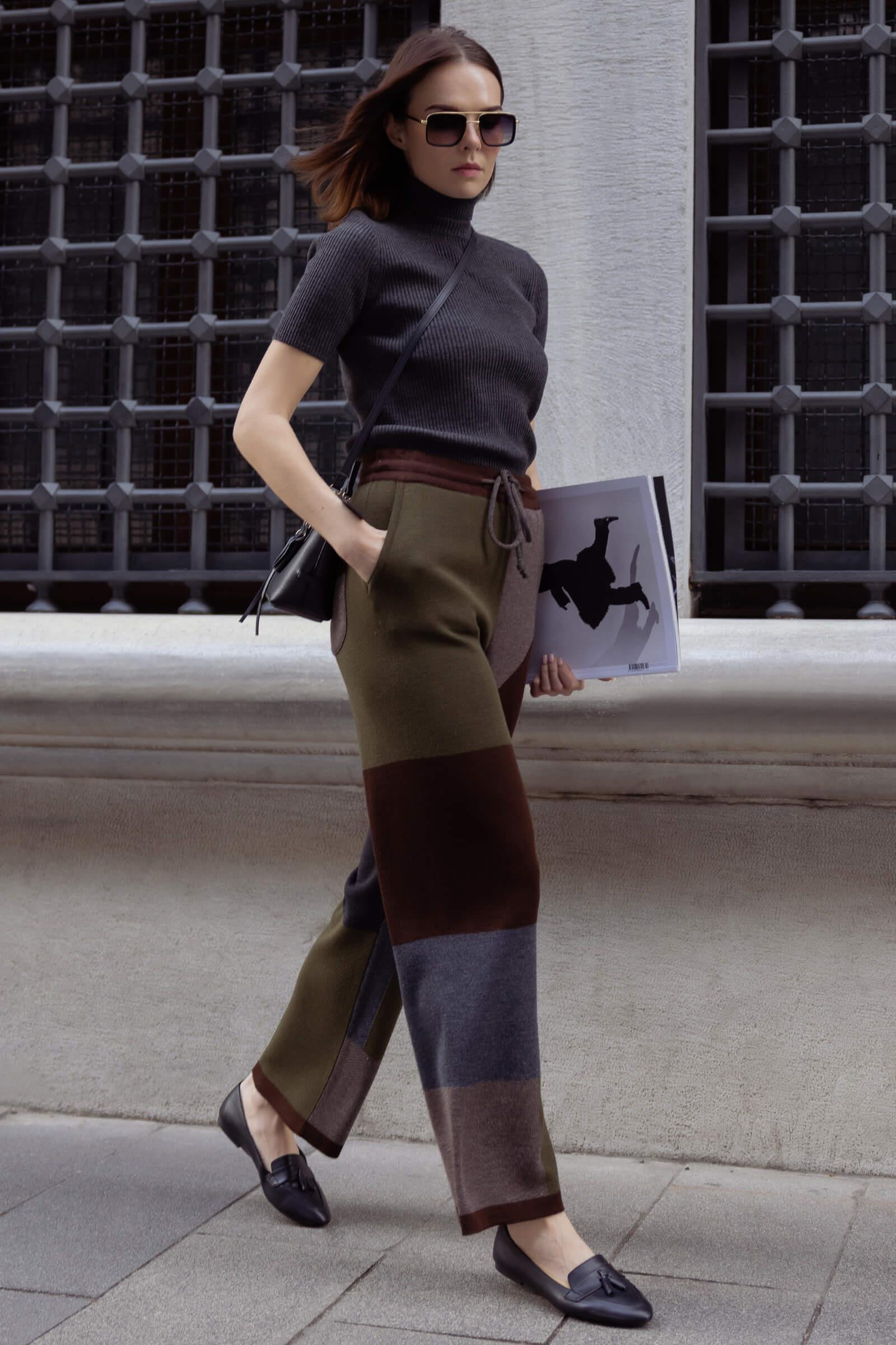 Blok Desenli Renkli Triko Pantolon - Kahve (1) Sementa