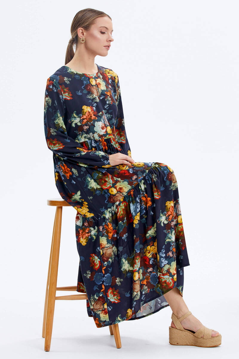 Büyük Beden Çiçek Desenli Elbise - Lacivert (1) Sementa