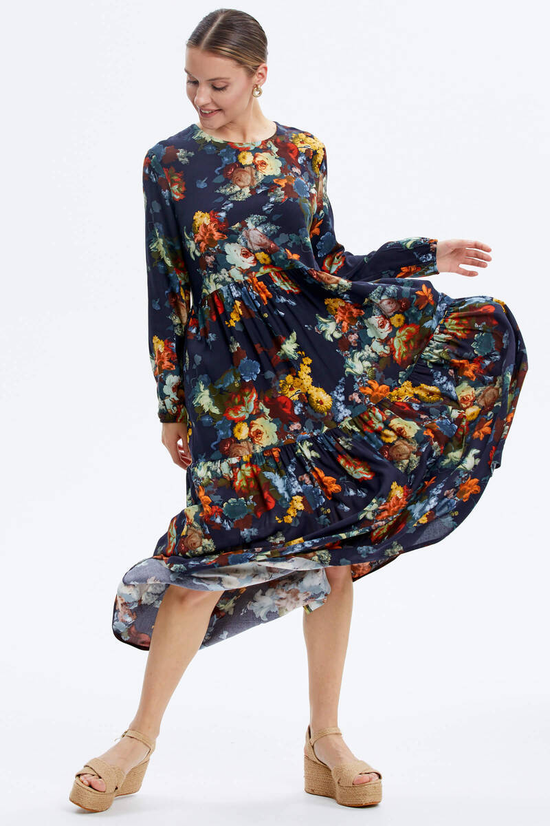 Büyük Beden Çiçek Desenli Elbise - Lacivert (3) Sementa