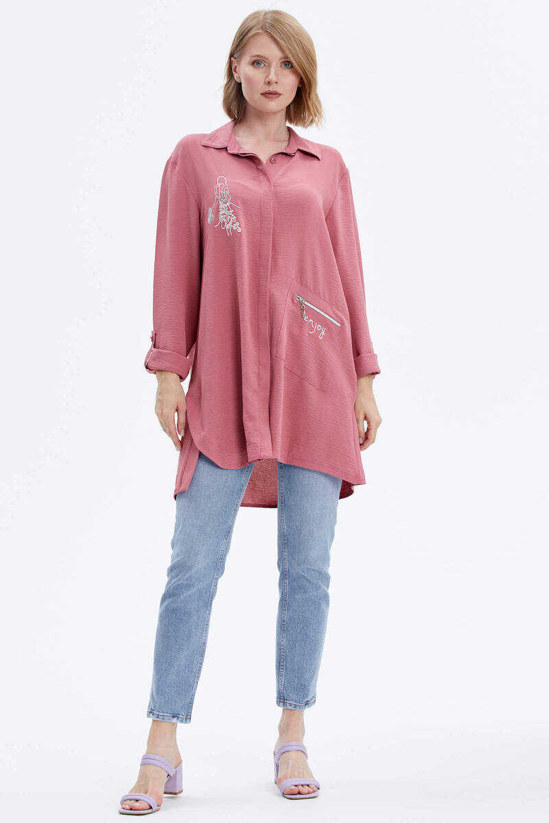 Büyük Beden Nakışlı Uzun Gömlek - Gül Kurusu (2) Sementa